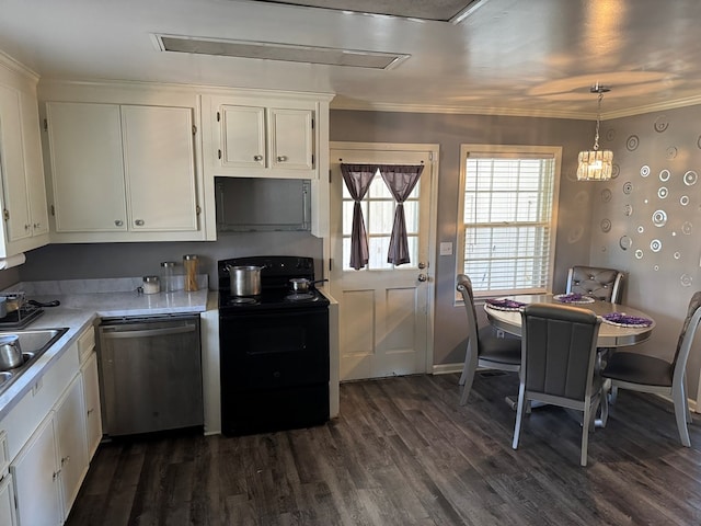 kitchen featuring pendant lighting, white cabinetry, dishwasher, and black electric range