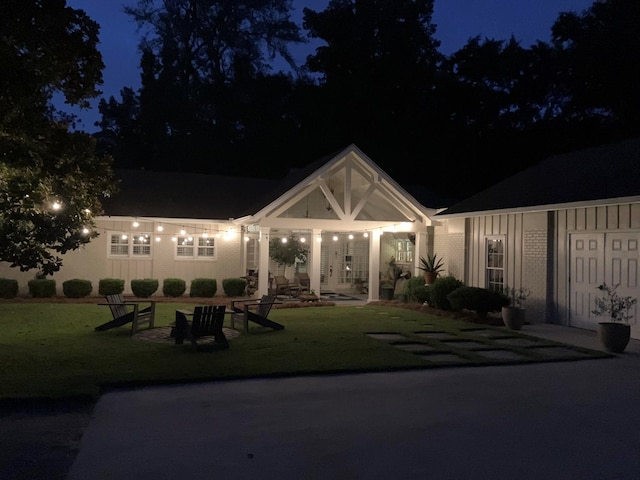 patio at twilight with a lawn