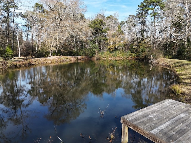 dock area featuring a wooded view and a water view