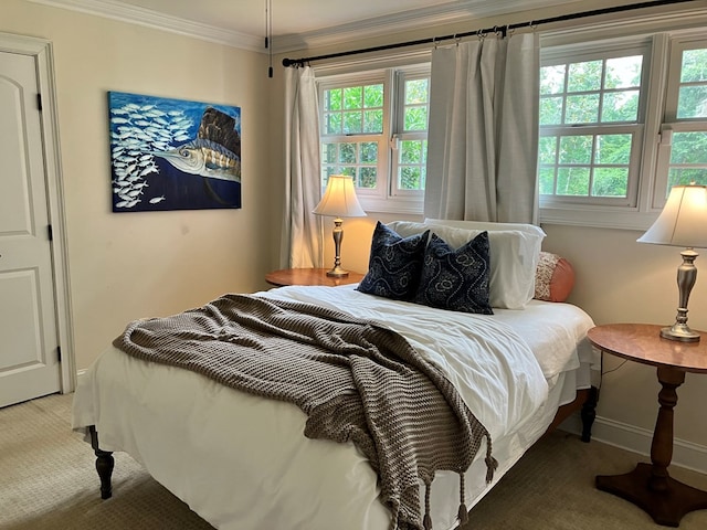 carpeted bedroom with multiple windows, baseboards, and ornamental molding