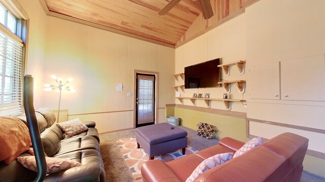 living room featuring wood ceiling, a healthy amount of sunlight, high vaulted ceiling, and carpet