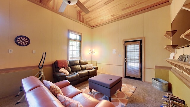 living room with ceiling fan, high vaulted ceiling, light carpet, and wood ceiling