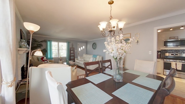 dining space featuring an inviting chandelier, crown molding, and dark wood-type flooring