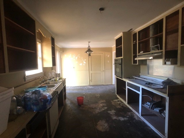 kitchen with dishwasher, open shelves, a sink, and oven