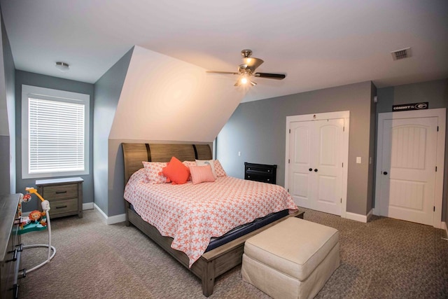 carpeted bedroom with ceiling fan