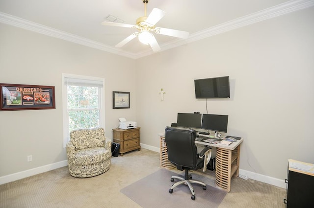 office space with carpet, baseboards, and ornamental molding