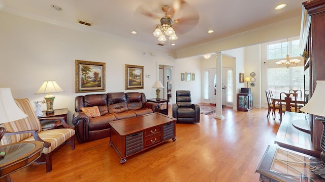 139 Summercreek Cv, Thomasville, GA 31792 - living area with ornate columns, ceiling fan, light wood-type flooring, recessed lighting, and ornamental molding