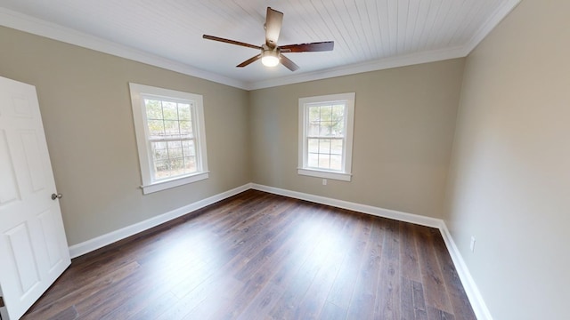 empty room featuring dark wood-type flooring, ornamental molding, and ceiling fan