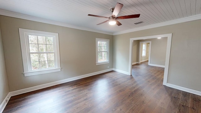 spare room featuring wood ceiling, ceiling fan, ornamental molding, and dark hardwood / wood-style floors