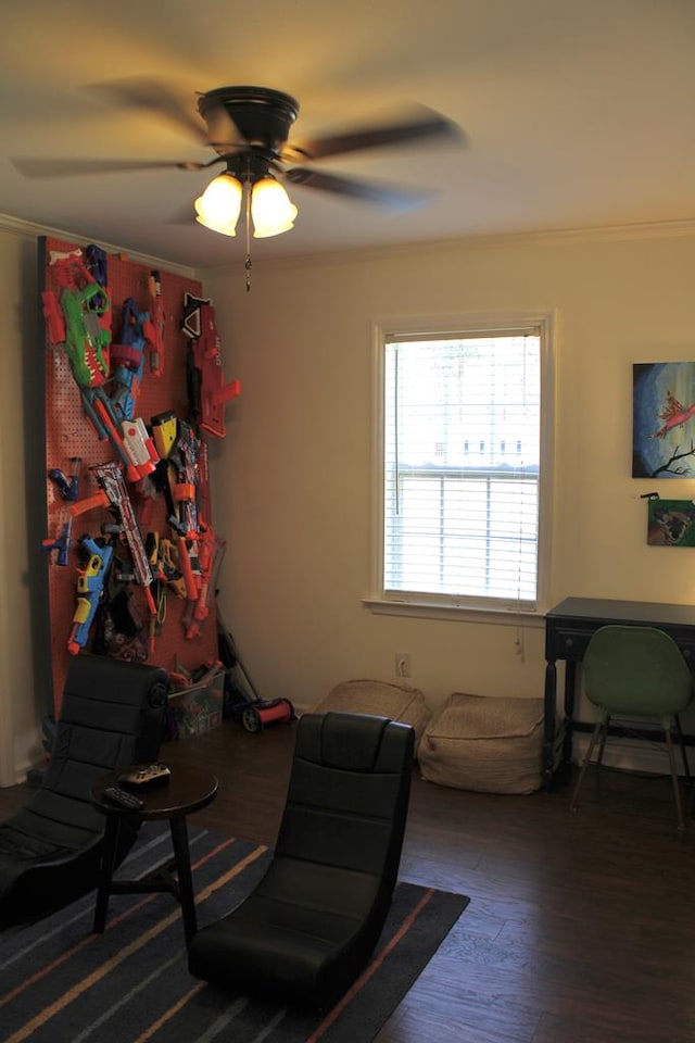 interior space with a ceiling fan, crown molding, and wood finished floors