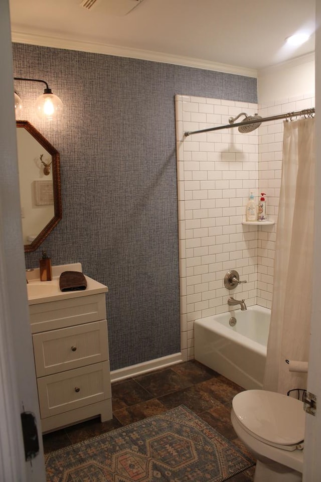 bathroom with wallpapered walls, toilet, ornamental molding, shower / tub combo with curtain, and vanity