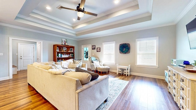 living room with a tray ceiling, hardwood / wood-style floors, and baseboards