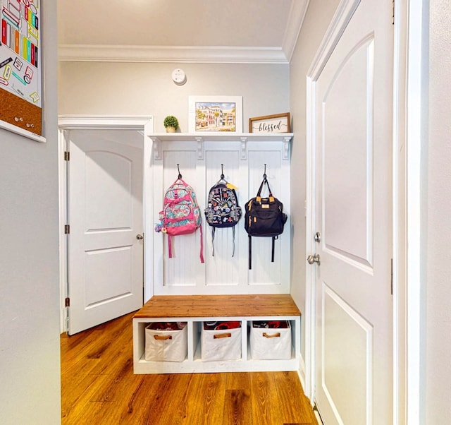 mudroom with crown molding and wood finished floors