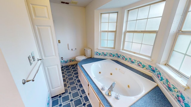 bathroom featuring toilet, a wealth of natural light, and a washtub