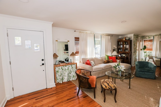 living room with crown molding, plenty of natural light, and light hardwood / wood-style flooring