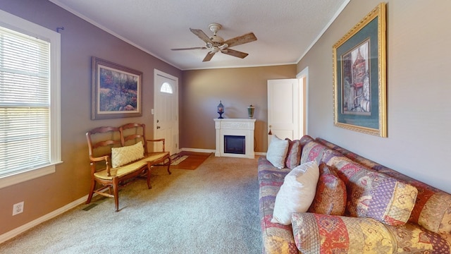 living room featuring carpet, a textured ceiling, ceiling fan, and ornamental molding