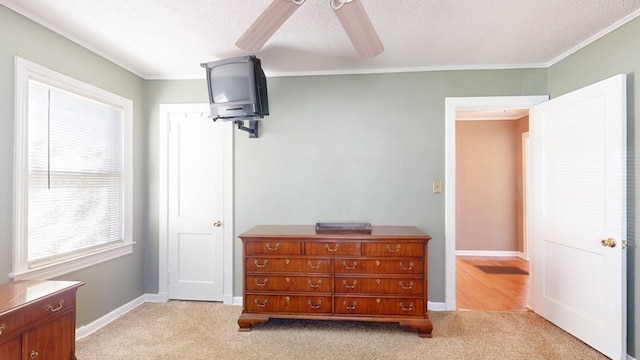 interior space with ornamental molding, ceiling fan, carpet flooring, and a textured ceiling