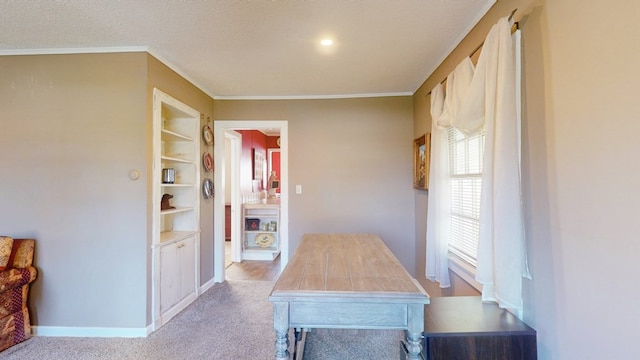 carpeted home office with ornamental molding, built in shelves, and a textured ceiling