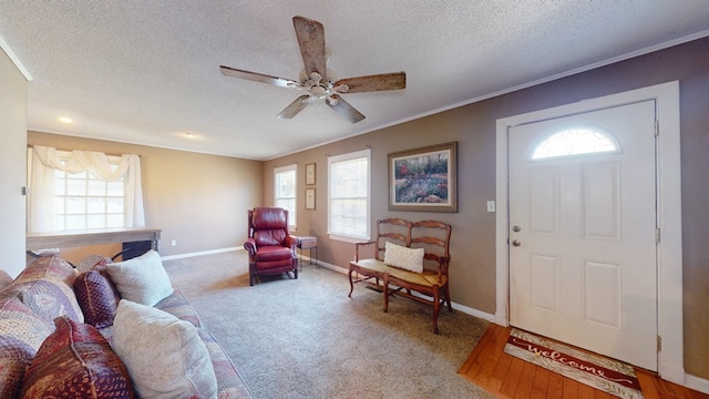 carpeted foyer entrance with ceiling fan, plenty of natural light, and crown molding