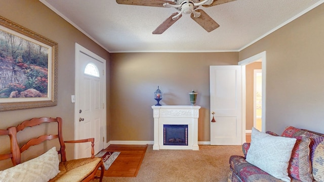 carpeted living room featuring ceiling fan, crown molding, and a textured ceiling