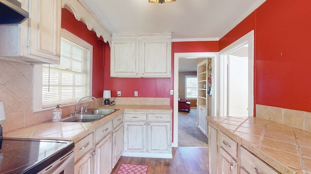 kitchen with a wealth of natural light, sink, range with electric stovetop, and tile countertops