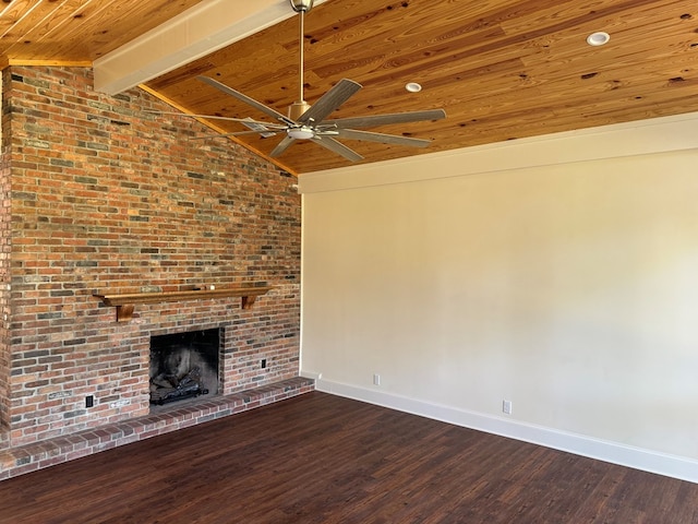 unfurnished living room featuring wood ceiling, ceiling fan, hardwood / wood-style floors, vaulted ceiling with beams, and a brick fireplace