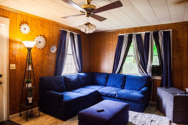 136 SW Pine Cir, Cairo, GA 39828 - living room featuring wooden walls and a ceiling fan