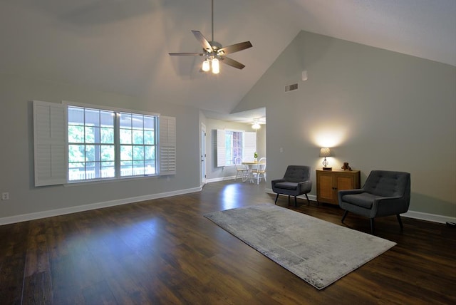 sitting room featuring baseboards, ceiling fan, visible vents, high vaulted ceiling, and dark wood-type flooring