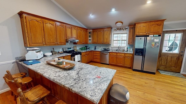 kitchen featuring sink, light hardwood / wood-style flooring, appliances with stainless steel finishes, kitchen peninsula, and light stone countertops