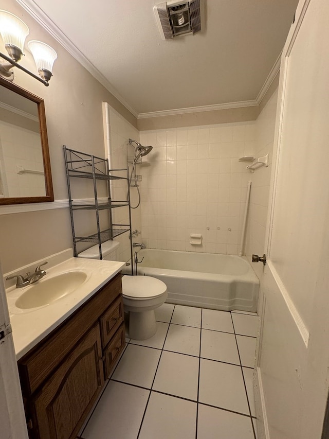 full bathroom featuring toilet, ornamental molding, vanity, tiled shower / bath combo, and tile patterned flooring