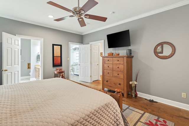 71 Buckfast Ct, Thomasville, GA 31792 - bedroom featuring ornamental molding, light wood-type flooring, recessed lighting, ceiling fan, and ensuite bathroom