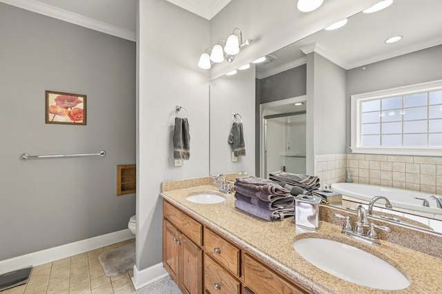 71 Buckfast Ct, Thomasville, GA 31792 - bathroom with a stall shower, tile patterned flooring, ornamental molding, a garden tub, and double vanity