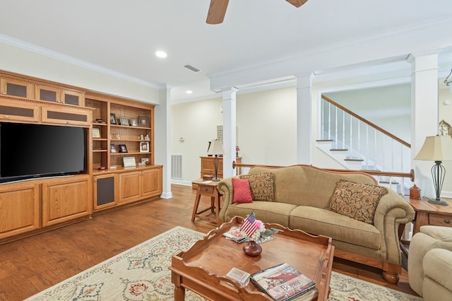 71 Buckfast Ct, Thomasville, GA 31792 - living room featuring ornate columns, wood finished floors, crown molding, a ceiling fan, and recessed lighting