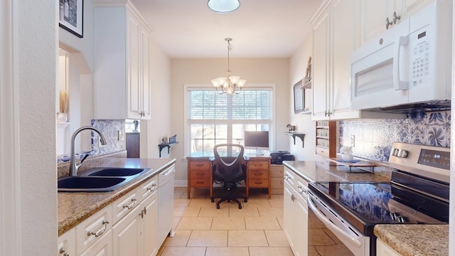 kitchen with white cabinetry, white appliances, sink, and pendant lighting