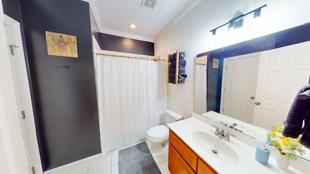 316 Bellingham Dr, Thomasville, GA 31792 - bathroom with crown molding, vanity, curtained shower, and tile patterned floors