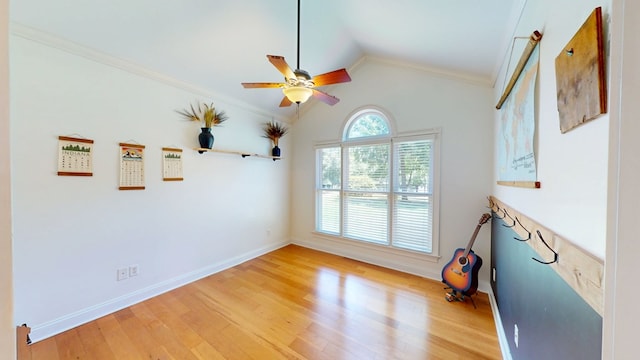 316 Bellingham Dr, Thomasville, GA 31792 - unfurnished room with a ceiling fan, vaulted ceiling, light wood finished floors, and ornamental molding