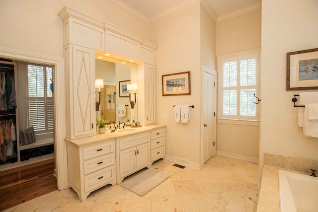 bathroom featuring crown molding, vanity, and a wealth of natural light