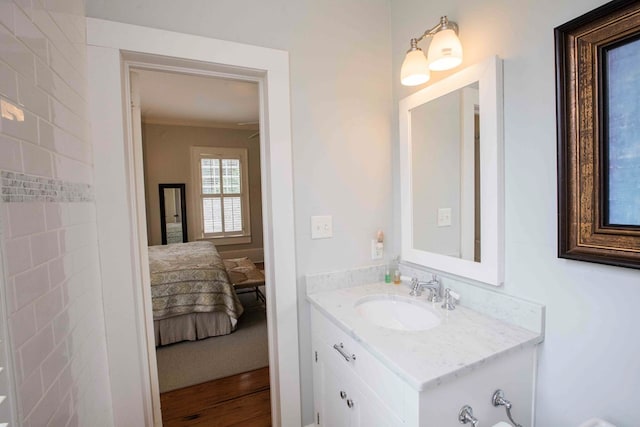 bathroom with vanity and wood-type flooring