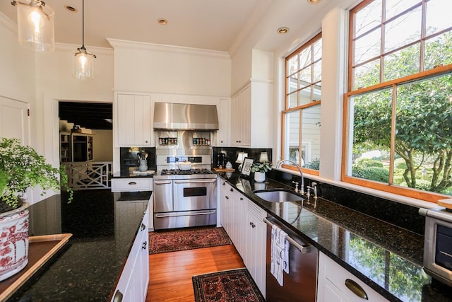 kitchen featuring decorative light fixtures, exhaust hood, white cabinets, and appliances with stainless steel finishes