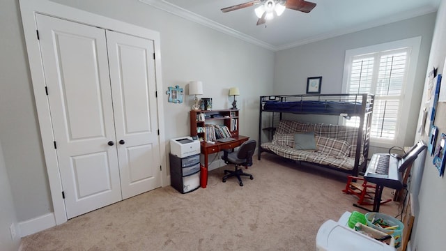 carpeted bedroom featuring crown molding, a closet, and ceiling fan