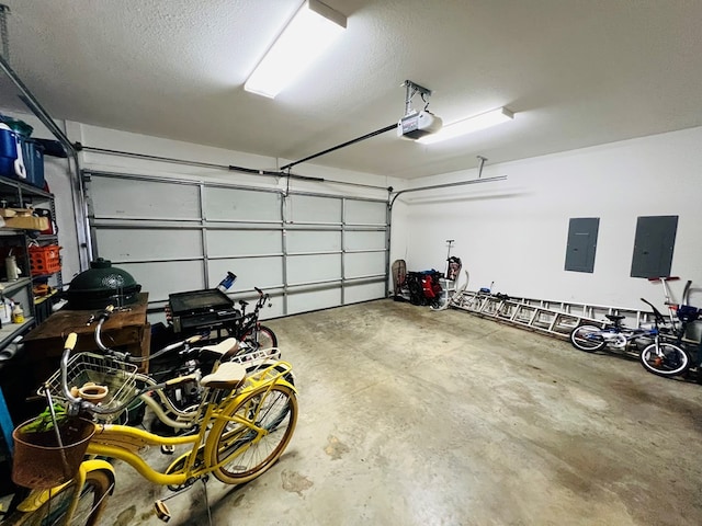 garage with a garage door opener and electric panel