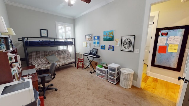 carpeted bedroom with crown molding