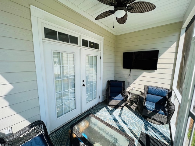 exterior space featuring french doors and ceiling fan