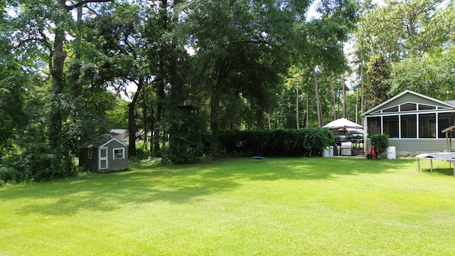 351 Plantation Ln, Thomasville, GA 31757 - view of green lawn featuring a trampoline, a shed, a sunroom, and view of wooded area
