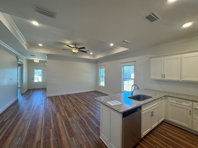 kitchen with sink, a tray ceiling, white cabinets, and dishwasher