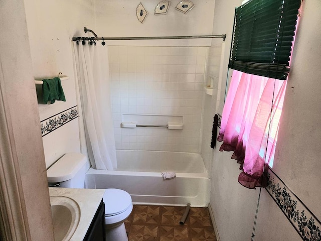 full bathroom with shower / bath combination with curtain, parquet flooring, vanity, and toilet