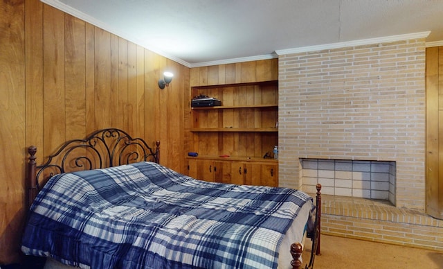 bedroom with ornamental molding, carpet, a fireplace, and wood walls