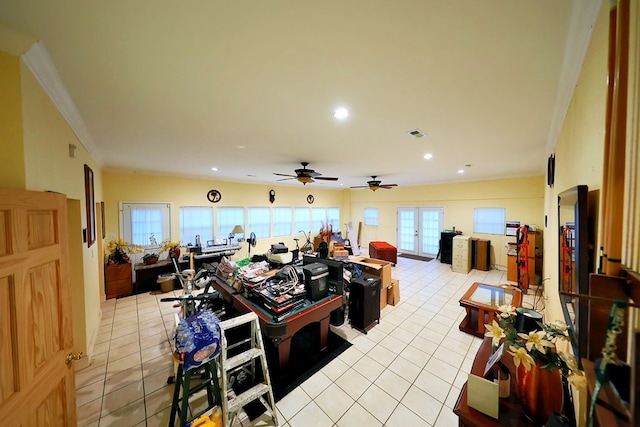 interior space featuring light tile patterned floors, recessed lighting, visible vents, french doors, and crown molding