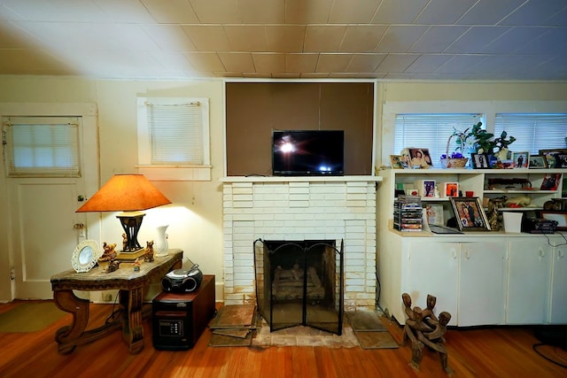 living room with a fireplace and wood finished floors