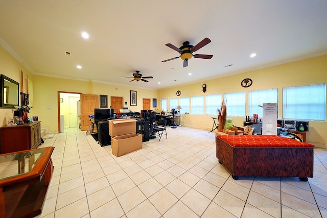 living room with light tile patterned floors, recessed lighting, visible vents, and crown molding